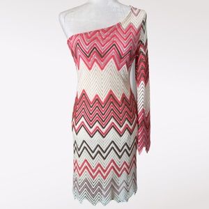 Windsor Junior's Ivory Pink Tan Chevron Print One Shoulder Midi Dress Medium